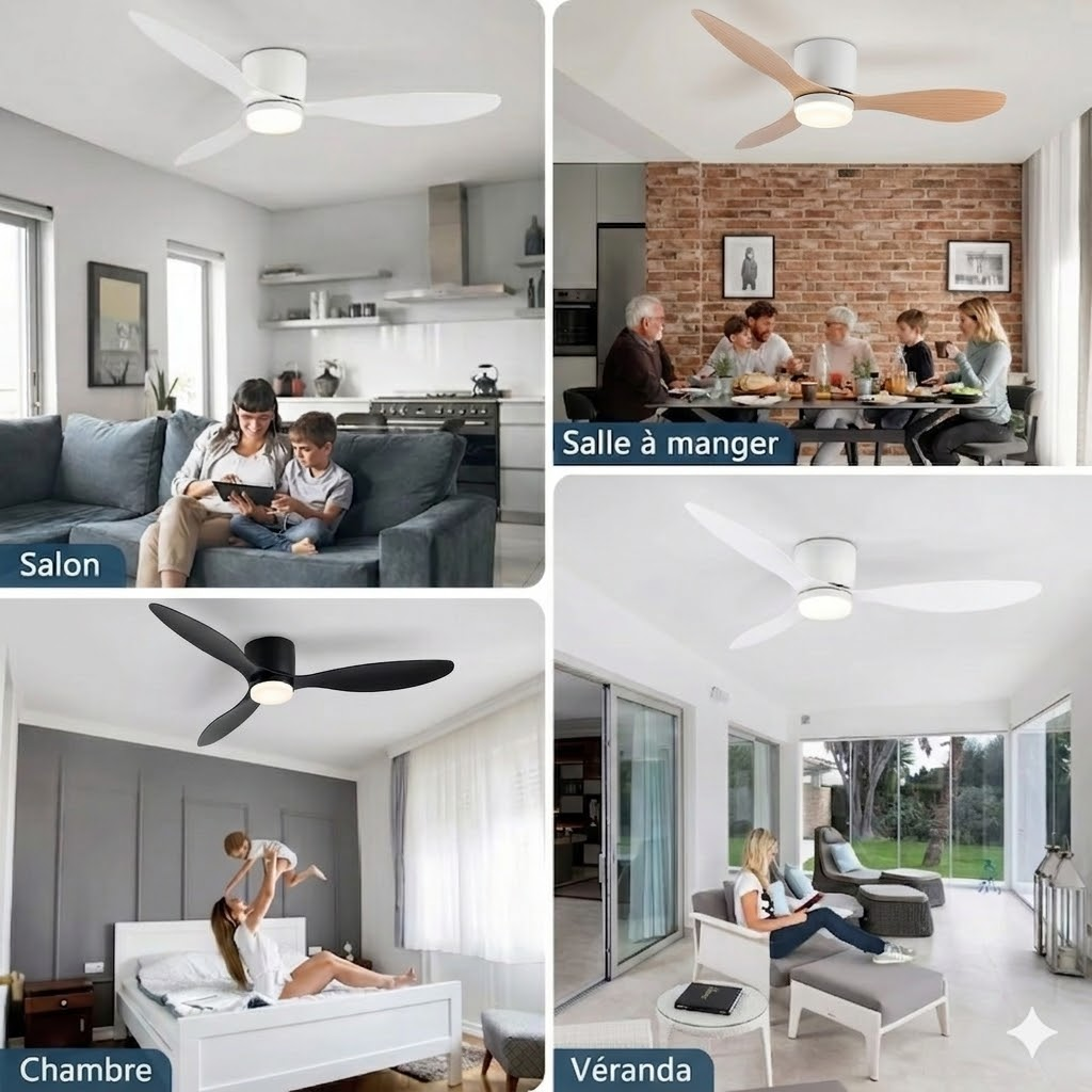 Zénith Air - Ventilateur de Plafond DC Silencieux LED 132 cm | Blanc, Noir, Bois