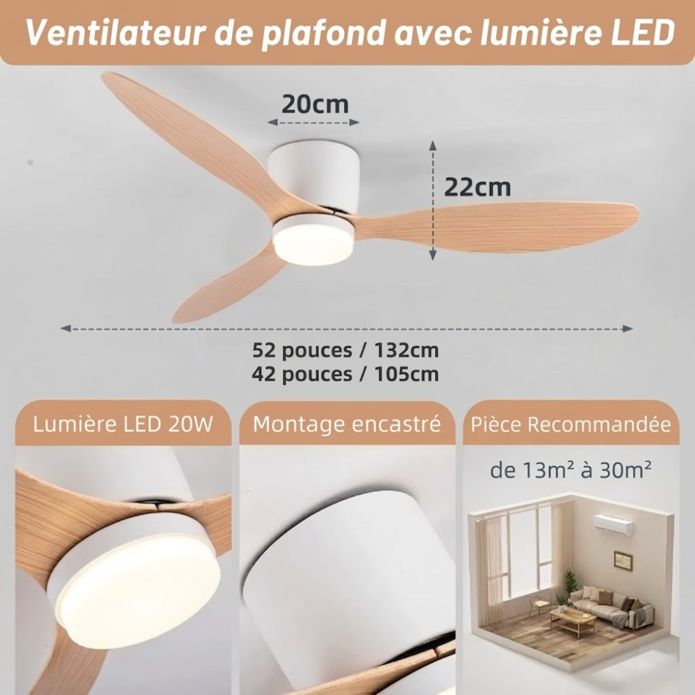 Zénith Air - Ventilateur de Plafond DC Silencieux LED 132 cm | Blanc, Noir, Bois