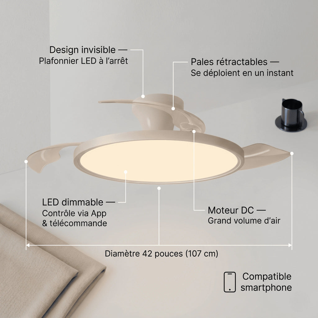 Ventilateur Plafond Invisible Moteur DC — Blanc & LED Intégrée