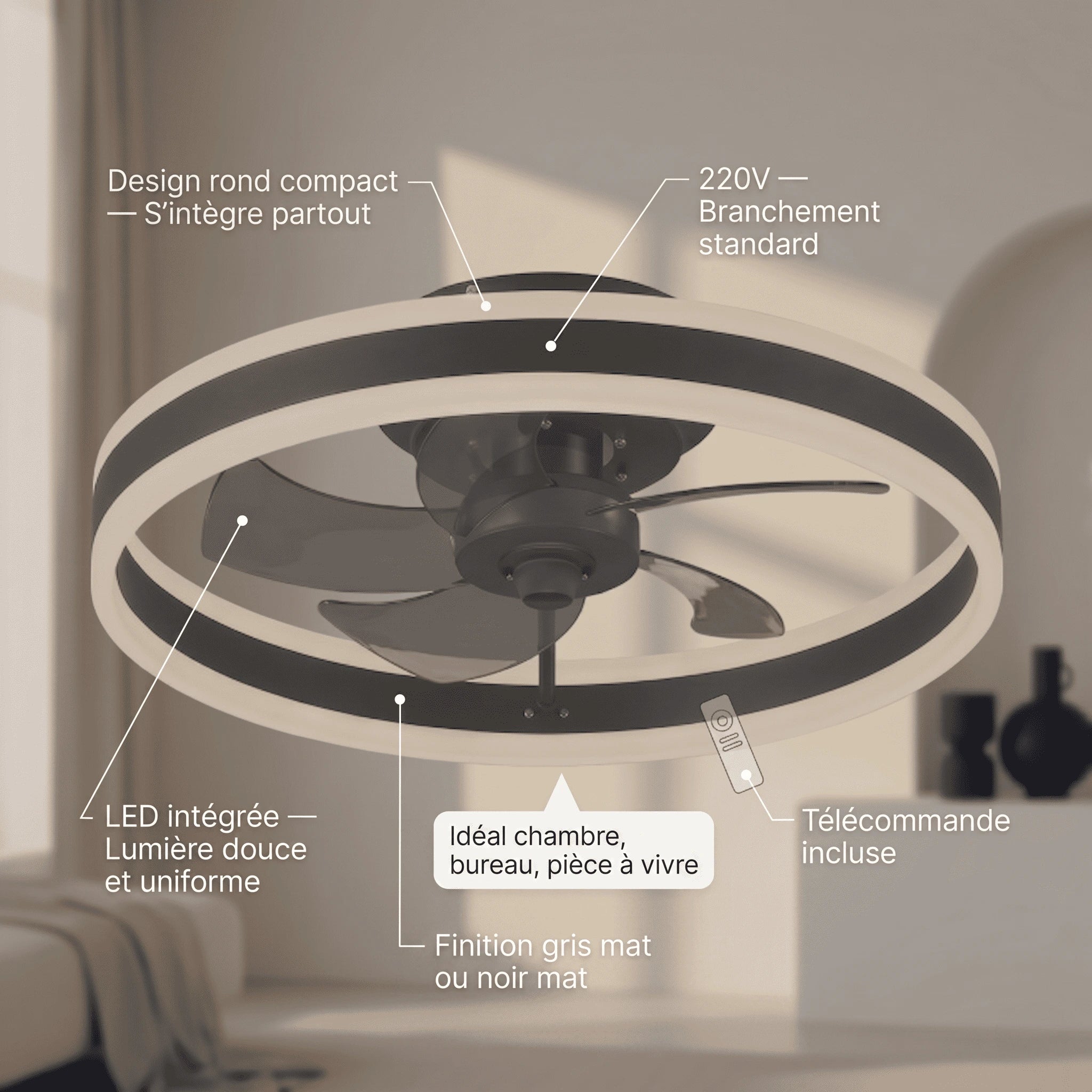 Ventilateur Plafond Compact LED